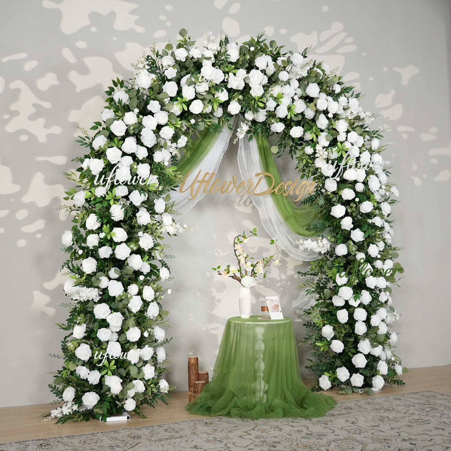 Uflower White Rose Green Leaf Floral Row Decor Wedding Backdrop Door Arch